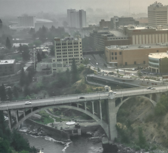 Aerial view of Riverfront Park in Spokane at sunset.